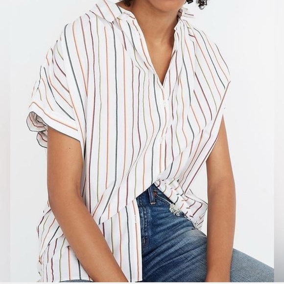 Madewell Tops - Madewell Womens Blouse Size XS White Striped Button Up Short Sleeve 100% Cotton